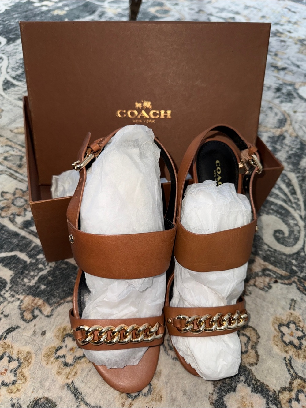 Coach like new in box  Tan Leather Chain Strap Heeled Sandals with box